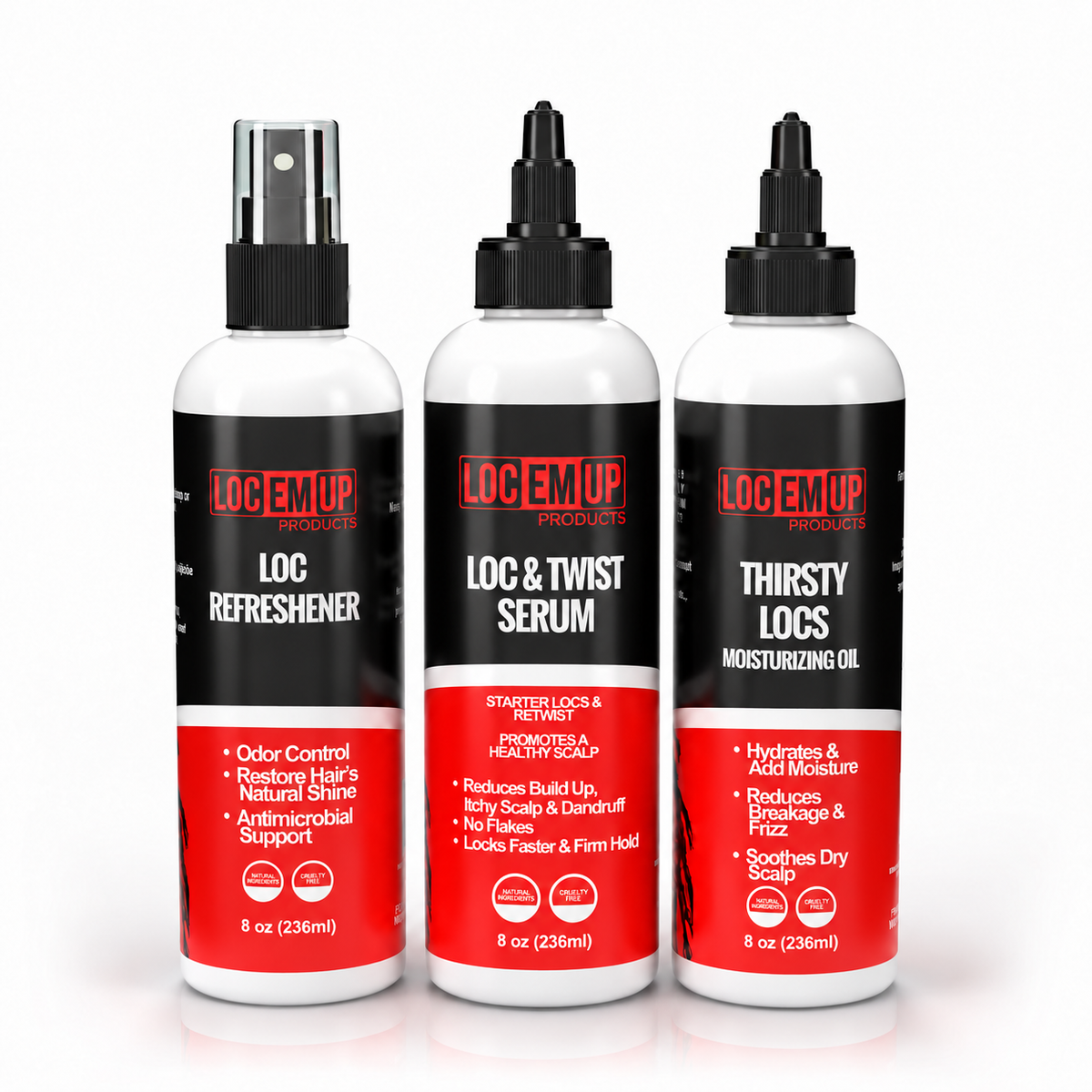 Healthy Hair Maintenance Bundle: 8 oz Loc & Twist Serum with black top, 8 oz Lemongrass Loc Refresher, and 8 oz Thirsty Locs Moisturizing Oil