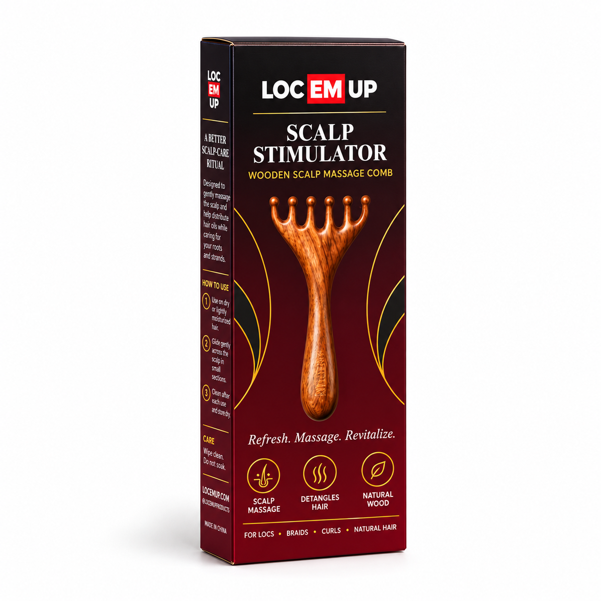 Loc Em Up Scalp Stimulator slim burgundy and black retail box